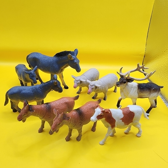 Other - 9 Animals Mixed Toy Lot Cows Donkeys Sheep Goats Elk 3-5 Inch